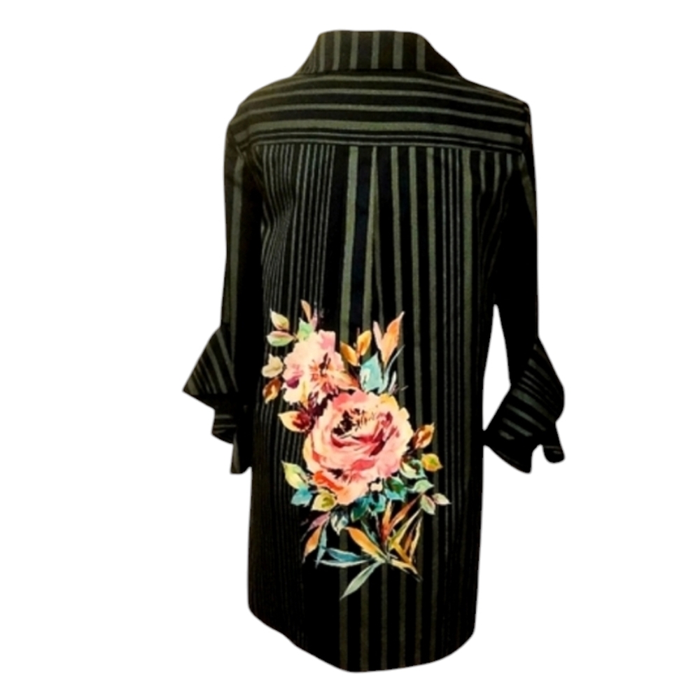 Badgley Mischka Striped Shirt w/Unique Sleeves & Floral Design on back NWT size4